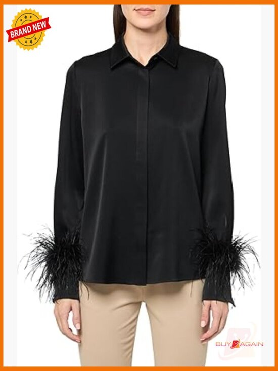 Tops - Long Sleeve Blouse with Feather Cuff, Relaxed Fit, Polyester Blend